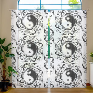 Yin & Yang Symbol Black and White Tattoo Style Sheer Curtains