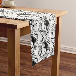 Yin & Yang Symbol Black and White Tattoo Style Short Table Runner