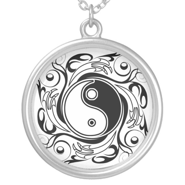 Yin & Yang Symbol Black and White Tattoo Style Silver Plated Necklace (Front)