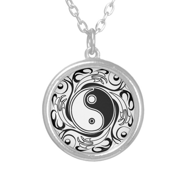 Yin & Yang Symbol Black and White Tattoo Style Silver Plated Necklace (Front)
