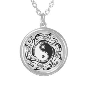Yin & Yang Symbol Black and White Tattoo Style Silver Plated Necklace