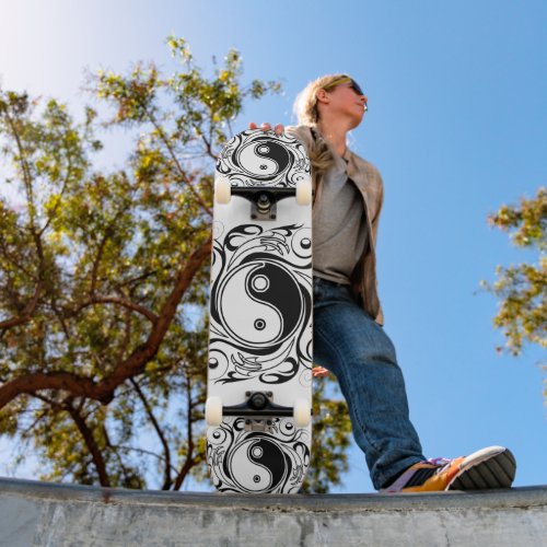 Yin &amp; Yang Symbol Black and White Tattoo Style Skateboard