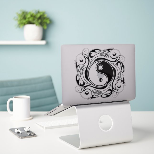 Yin & Yang Symbol Black and White Tattoo Style Sticker (Laptop On Desk)