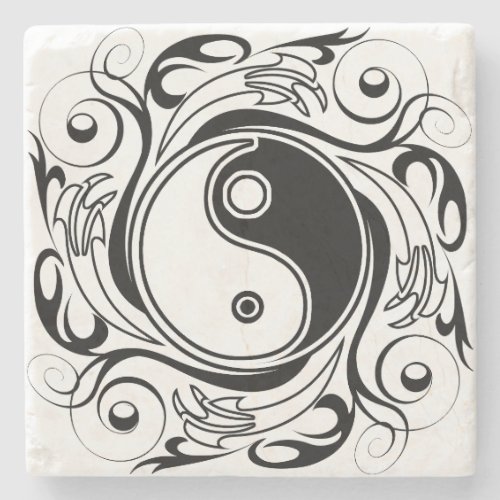 Yin  Yang Symbol Black and White Tattoo Style Stone Coaster