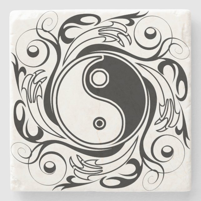 Yin & Yang Symbol Black and White Tattoo Style Stone Coaster (Front)