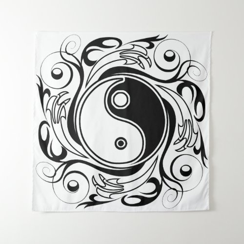 Yin  Yang Symbol Black and White Tattoo Style Tapestry