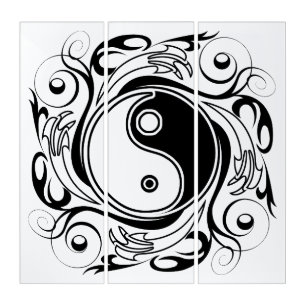 Yin & Yang Symbol Black and White Tattoo Style Triptych