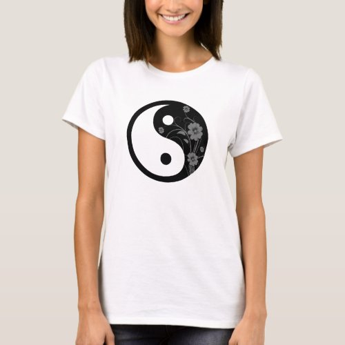 Yin Yang Symbol Black Floral T_Shirt