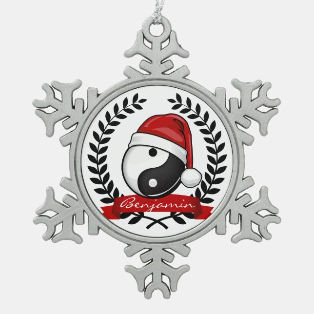 Yin Yang Symbol Holiday Snowflake Pewter Christmas Ornament (Front)