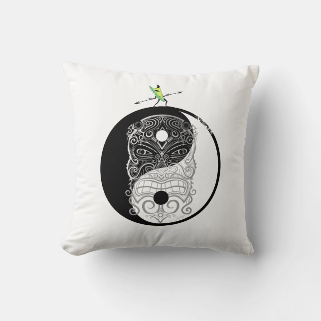 Yin Yang Tiki Warrior Mask Throw Pillow (Front)