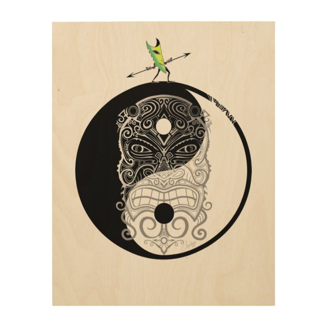 Yin Yang Tiki Warrior Mask Wood Wall Art (Front)