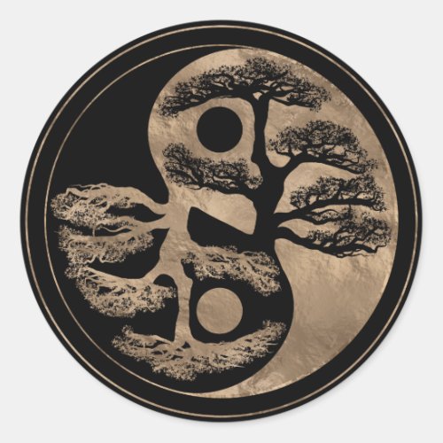 Yin Yang Tree Black and Gold Classic Round Sticker