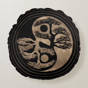 Yin Yang Tree Black and Gold Round Pillow