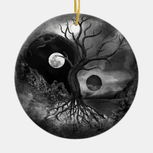 Yin Yang Tree Landscape Black and White Ceramic Ornament