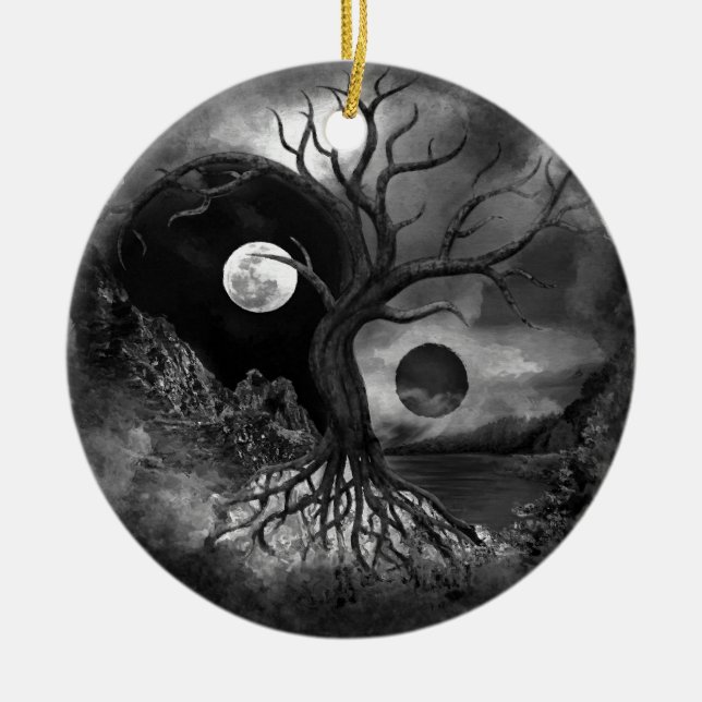 Yin Yang Tree Landscape Black and White Ceramic Ornament (Front)