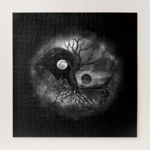Yin Yang Tree Landscape Black and White Jigsaw Puzzle