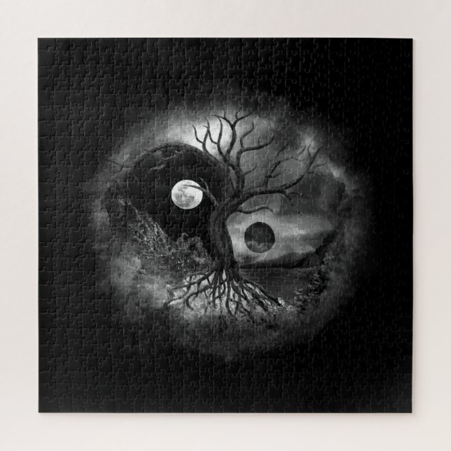 Yin Yang Tree Landscape Black and White Jigsaw Puzzle (Vertical)