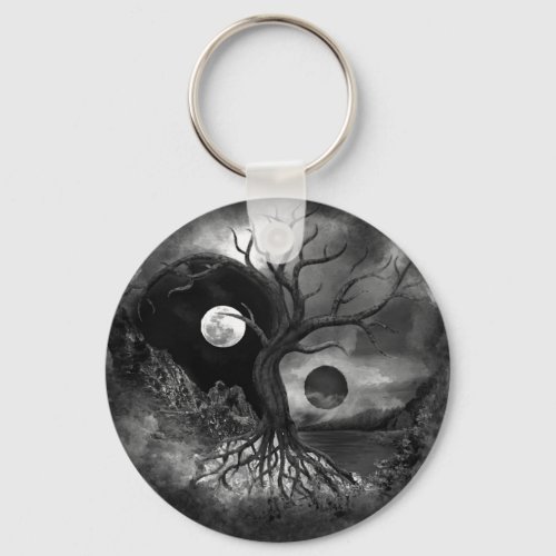 Yin Yang Tree Landscape Black and White Keychain