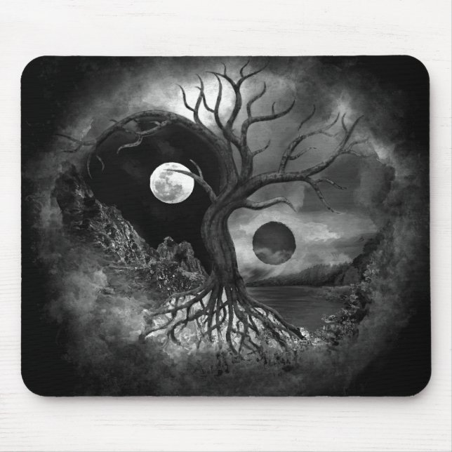 Yin Yang Tree Landscape Black and White Mouse Pad (Front)