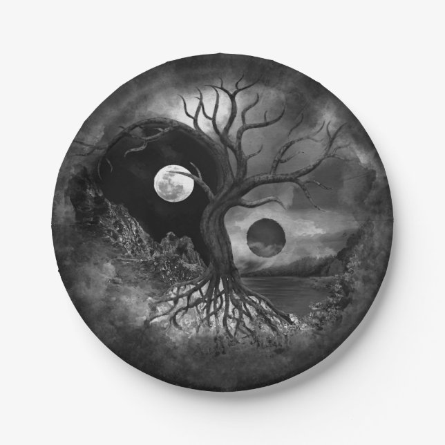 Yin Yang Tree Landscape Black and White Paper Plates (Front)