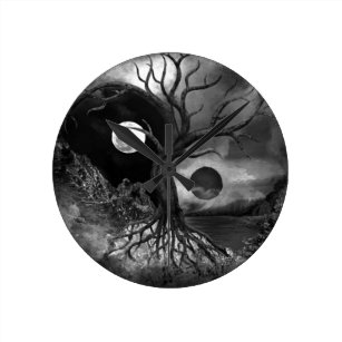 Yin Yang Tree Landscape Black and White Round Clock