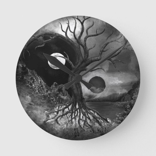 Yin Yang Tree Landscape Black and White Round Clock (Front)
