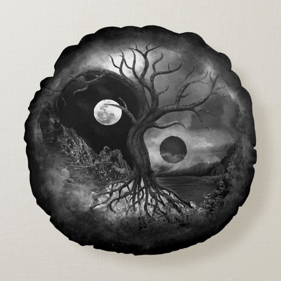 Yin Yang Tree Landscape Black And White Round Pillow | Zazzle