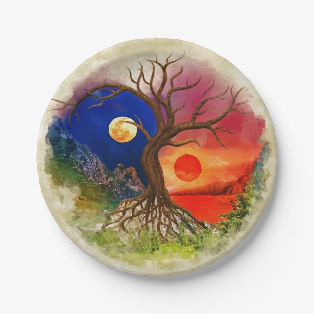 Yin Yang Tree Landscape Paper Plates (Front)