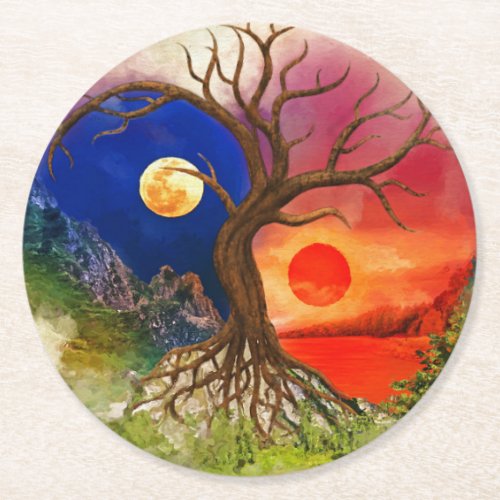 Yin Yang Tree Landscape Round Paper Coaster