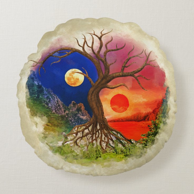 Yin Yang Tree Landscape Round Pillow | Zazzle