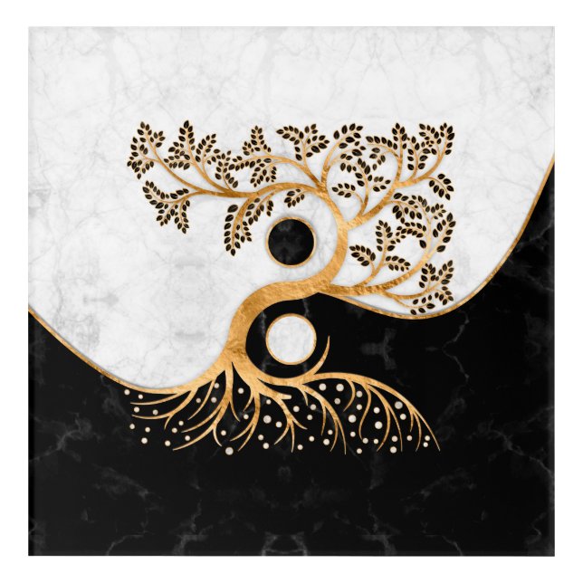 Yin Yang Tree - Marbles and Gold Acrylic Print (Front)