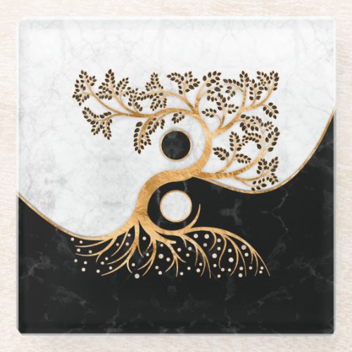 Yin Yang Tree _ Marbles and Gold Glass Coaster