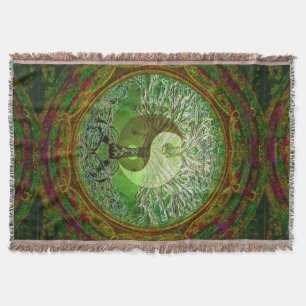 Yin Yang Tree of Life Green Throw Blanket