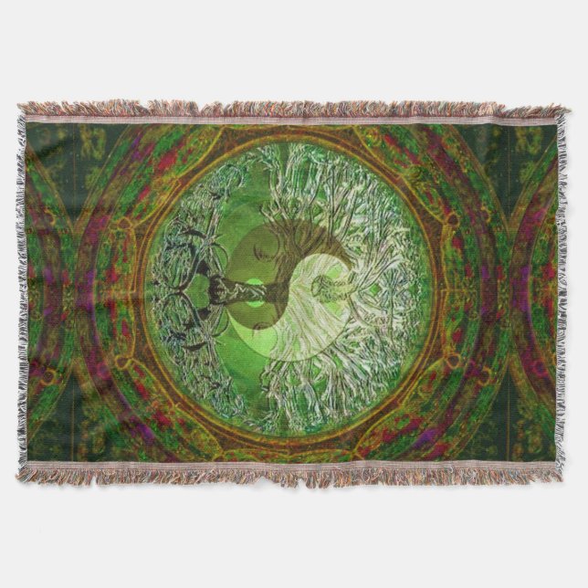 Yin Yang Tree of Life Green Throw Blanket (Front)