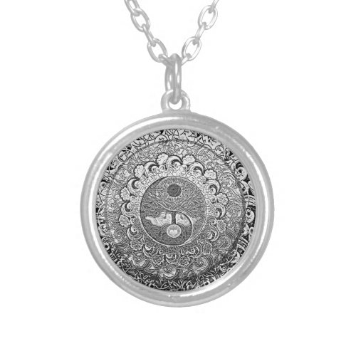 Yin Yang Tree of Life in Silver and Chrome Silver Plated Necklace