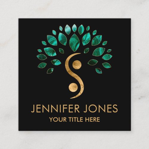 Yin Yang tree of life _ Malachite leaves and Gold Square Business Card