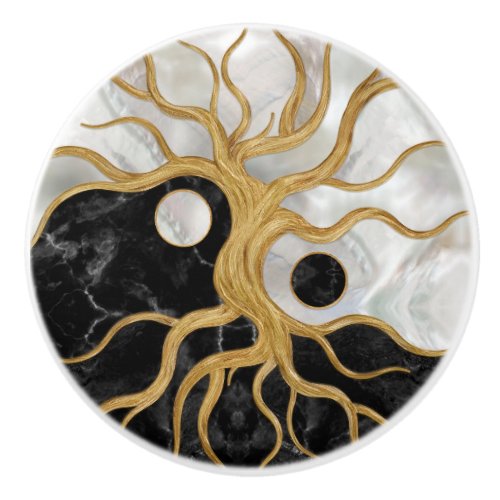 Yin Yang Tree of life _ Marbles and Gold Ceramic Knob