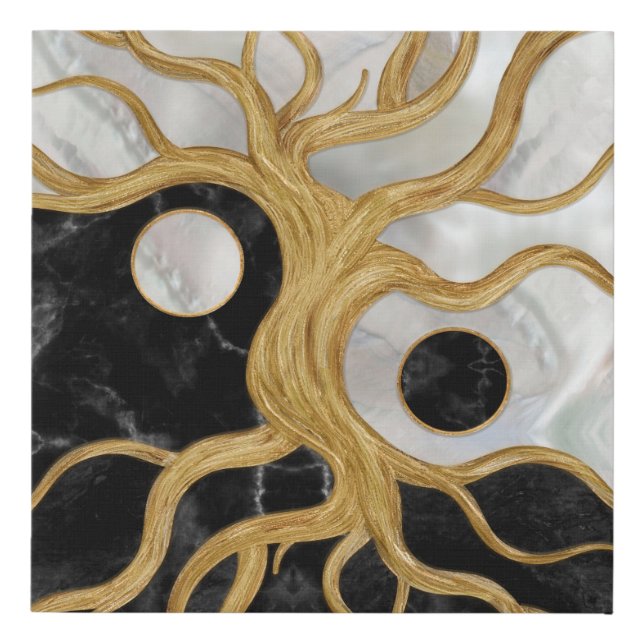 Yin Yang Tree of life - Marbles and Gold Faux Canvas Print (Front)