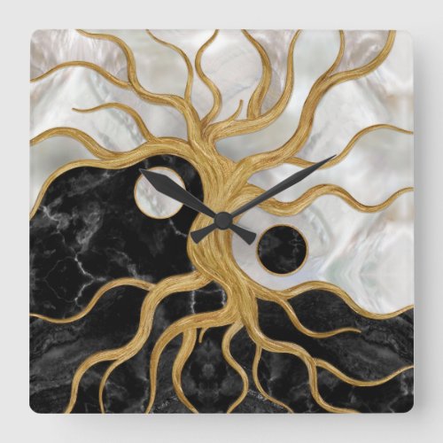 Yin Yang Tree of life _ Marbles and Gold Square Wall Clock