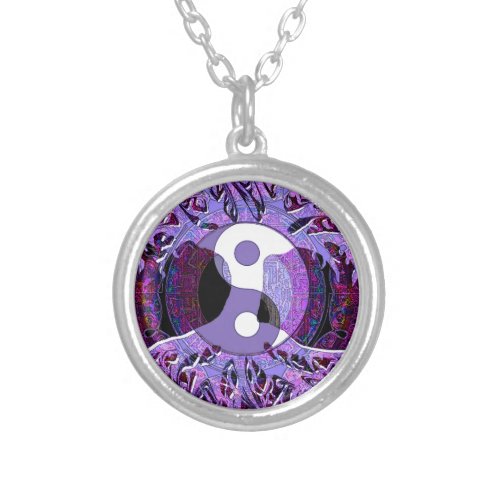 Yin Yang Tree of Life Purple Silver Plated Necklace