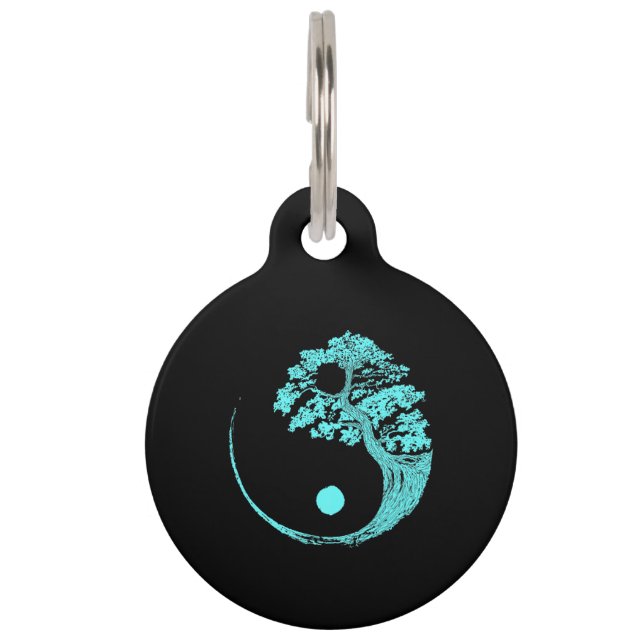 Yin Yang Turquoise Blue Bonsai Tree Japanese Pet ID Tag (Front)
