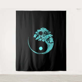 Yin Yang Turquoise Blue Bonsai Tree Japanese Tapestry