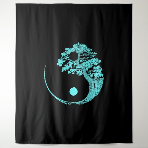 Yin Yang Turquoise Blue Bonsai Tree Japanese Tapestry