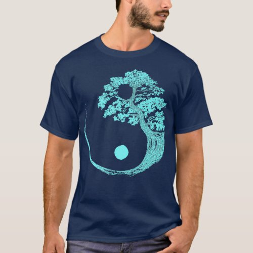 Yin Yang Turquoise Blue Bonsai Tree Japanese Zen T_Shirt