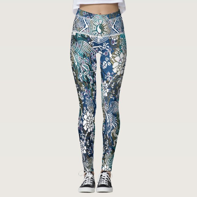Yin Yang White Dragon Flower Leggings (Front)