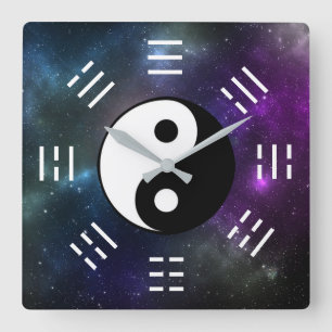 Yin Yang with Bagua Trigram Symbols I-Ching Square Wall Clock