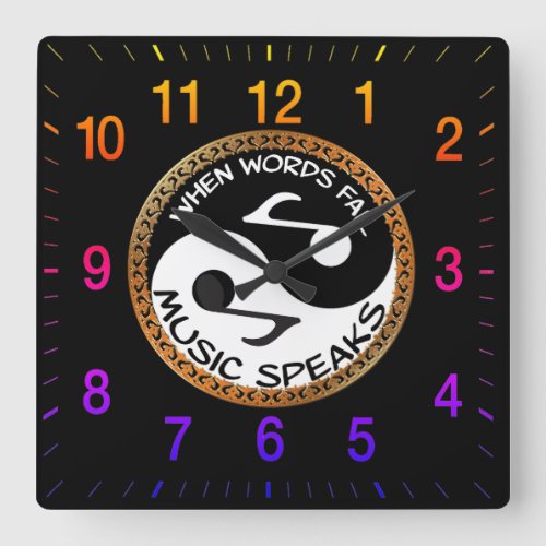 Yin Yang with music words with rainbow numbers Square Wall Clock