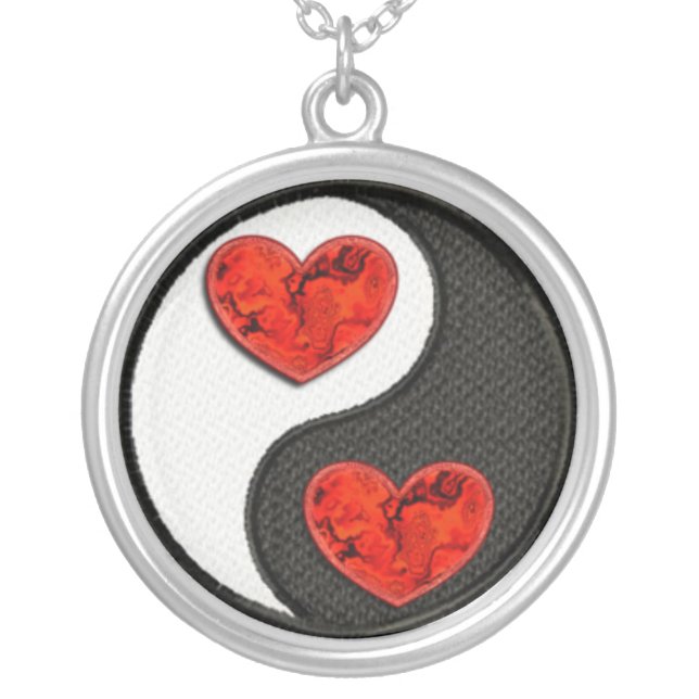 Yin Yang with red burning hearts Silver Plated Necklace (Front)