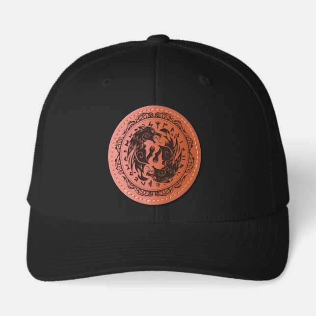 Yin Yang Wolves Leather Patch Trucker Hat (Front)