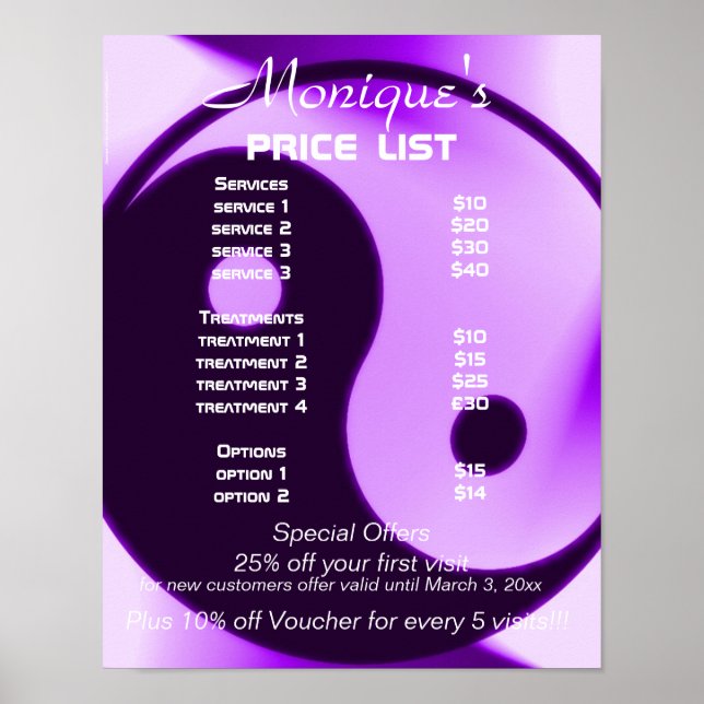 Yin Yang zen yoga price list Poster (Front)